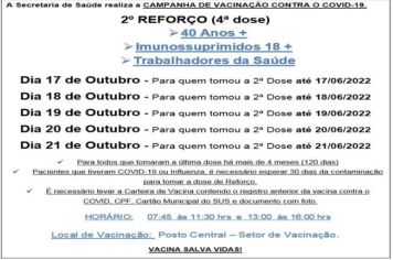2º DOSE DE REFORÇO (4º DOSE) PARA MAIORES 40 ANOS/IMUNOSSUPRIMIDOS 18+/TRAB. SAUDE