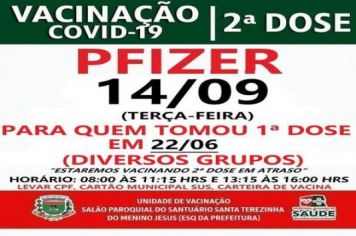 2ª DOSE PFIZER PARA VACINADOS EM 22/06/21 E ATRASADOS