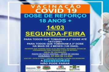 DOSE DE REFORÇO PARA MAIORES DE 18 ANOS, DE 14/03 A 18/03