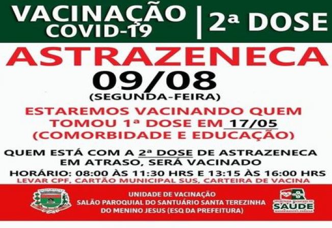 2ª DOSE DA VACINA ASTRAZENECA VACINADOS EM 17/05/21