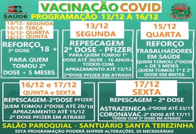 PROGRAMAÇÃO DE VACINAÇÃO ENTRE 13/12 À 17/12.