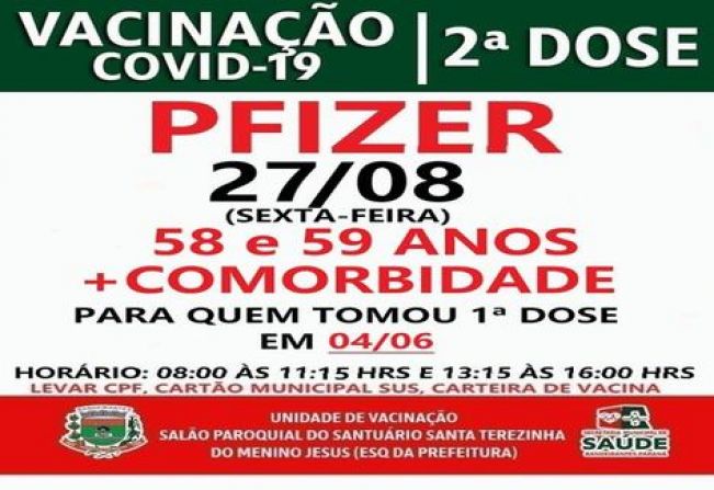 2ª DOSE PFIZER PARA VACINADOS EM 04/06/21