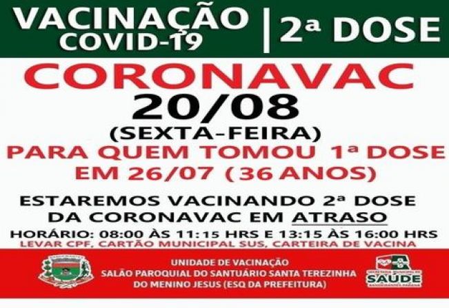 2º DOSE CORONAVAC VACINADOS EM 26/07/2021