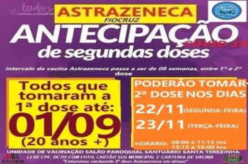 ANTECIPAÇÃO 2ª DOSE ASTRAZENECA VACINADOS ATÉ 01/09/21