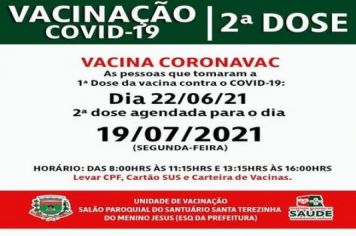 19/07/2021: 2º DOSE CORONAVAC PARA QUEM VACINOU EM 22/06/21