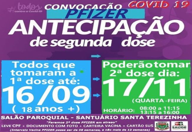 ANTECIPAÇÃO 2ª DOSE PFIZER PARA VACINADOS EM 16/09/21