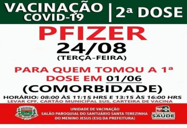 2ª DOSE PFIZER PARA VACINADOS EM 01/06/21