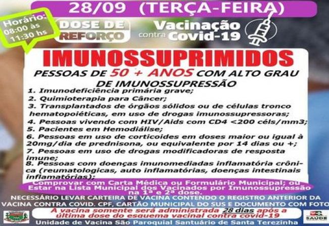 3ª DOSE DE REFORÇO PARA OS IMUNOSSUPRIMIDOS ACIMA DE 50 ANOS!