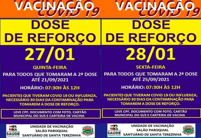 DOSE DE REFORÇO PARA VACINADOS ATÉ 21 E 25/09/2021