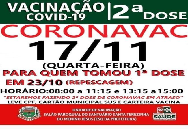 2º DOSE CORONAVAC VACINADOS EM 23/10/2021