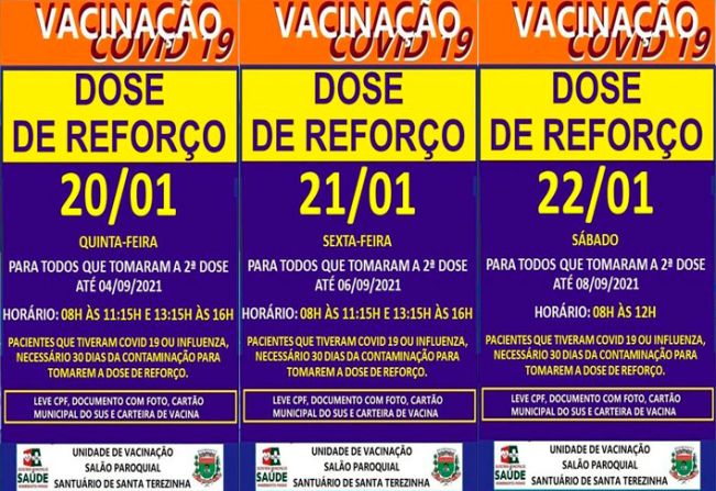 DOSE DE REFORÇO: DIA 20, 21, E 22 DE FEVEREIRO!