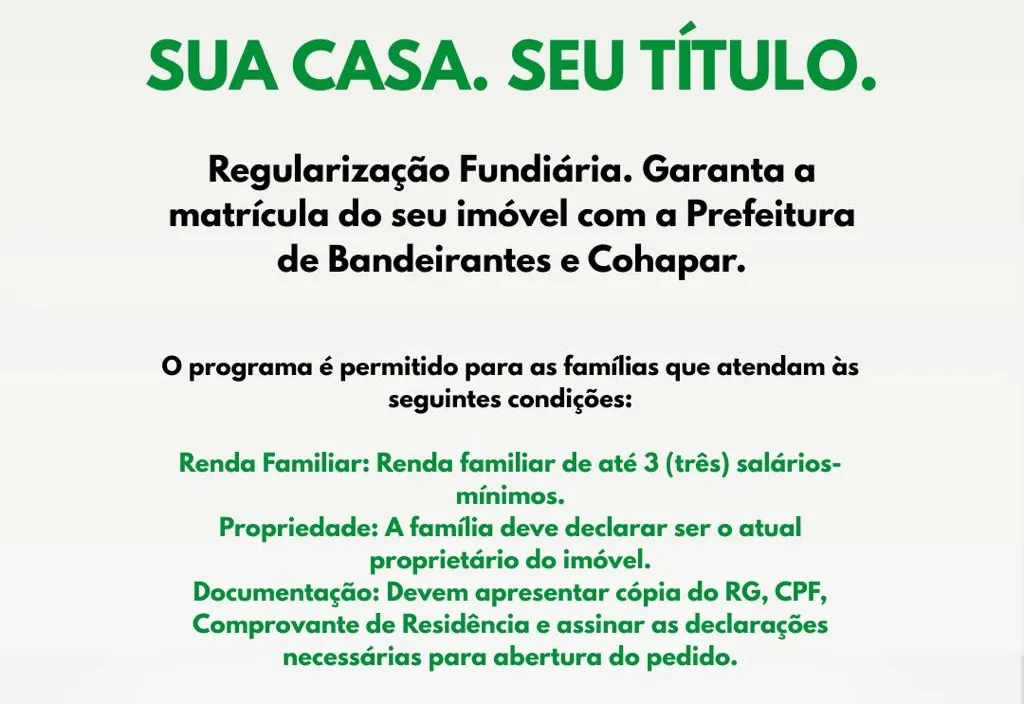 PREFEITURA DE BANDEIRANTES E COHAPAR AVANÇAM EM REGULARIZAÇÃO FUNDIÁRIA E GARANTEM SEGURANÇA PATRIMONIAL PARA FAMÍLIAS