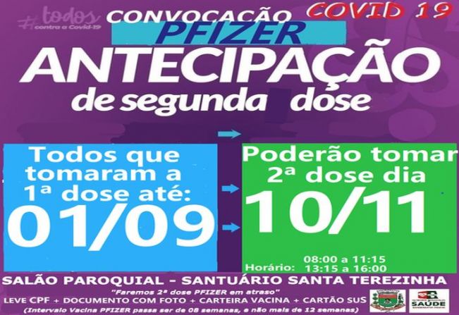 ANTECIPAÇÃO DE 2ª DOSE PFIZER PARA VACINADOS EM 01/09/21