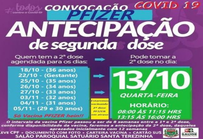 ANTECIPAÇÃO DE 2ª DOSE PFIZER PARA DIVERSOS GRUPOS!